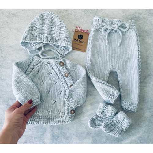 Organic Cotton Knit Newborn Coming Home Outfit: pale Blue  Knit Baby Clothes