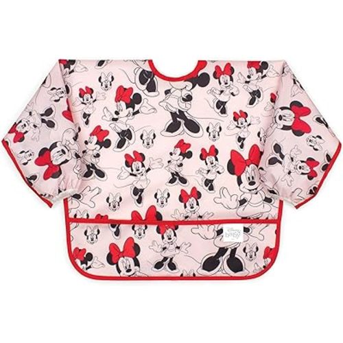 Bumkins Disney Bibs, Baby and Toddler Girls and Boys 6-24 Months, Long Sleeve, Essential Must Have for Eating, Feeding, Mess Saving Lightweight Waterproof Fabric Sleeved Smock, Minnie Mouse Classic