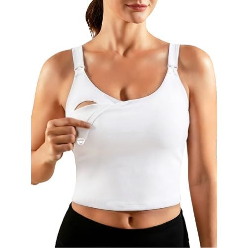 Ecavus Nursing Bras for Breastfeeding Longline Sports Maternity V Neck Buttery Soft Crop Tank Top with Built in Bra