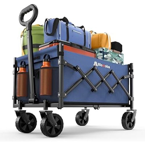 Collapsible Wagon with Wheels, 220 lbs Wagons Carts Foldable Wagon Cart with Flexible Handle, Lightweight Portable Folding Utility Grocery Shopping Cart for Grocery Sports Garden Camping, Blue