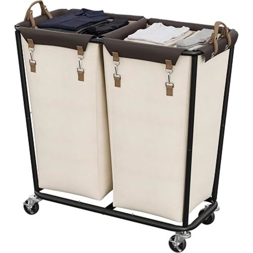 StorageWorks 2 Section Laundry Hamper with Wheels, 280L Beige Sorter Cart