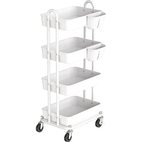 Simple Houseware 4-Tier Multifunctional Rolling Utility Cart with Hanging Buckets, White