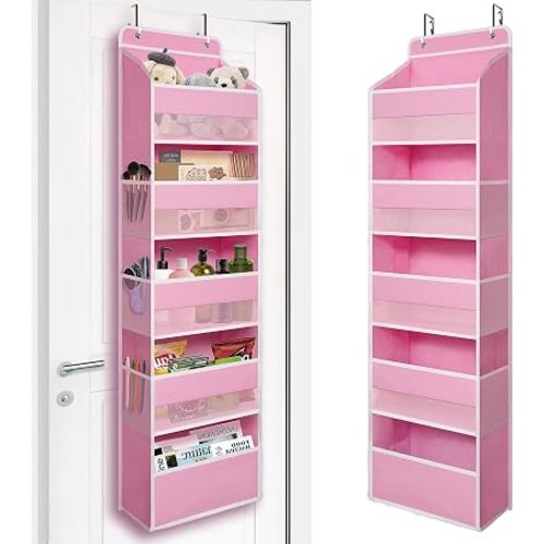 TYMENSH Pink Over Door Organizer with 5 Large Pockets and 6 Side Mesh Pockets, Anti-Tilt Hanging Door Storage for Nursery, Bedroom, Bathroom, Closet, Toys, Baby Essentials