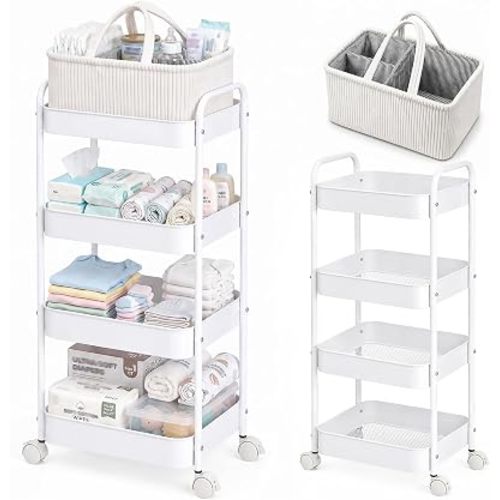 Baby Diaper Caddy 4 Tier Rolling Storage Cart with Wheels for Baby Bedside