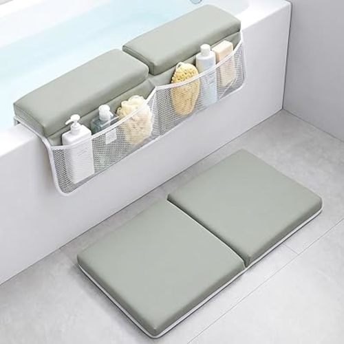 Baby Bath Kneeler and Elbow Rest Pad Set, Extra Large Memory Foam Kneeling Pad with 4 Toy Storage Pockets, Non-Slip Foam Mat with Suction Cups, Relief for Aching Knees & Elbows - Grey
