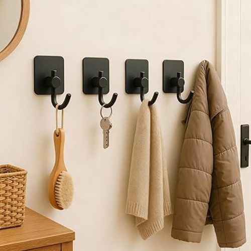 LONGstar 2-Pack Heavy Duty Adhesive Hooks, Self Adhesive Wall Hooks for Bathroom & Kitchen, Strong Command Hooks Style Hold 5lbs, No Drill Damage Free Hanging for Towels, Coats, Hats (Black)
