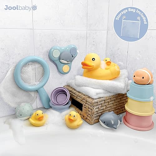 Jool Baby 15-Piece Bathtub Toys Gift Set with Bath Toy Storage Organizer | NAPPA Award Winner – Great Gift in Gift-Ready Packaging – Includes Mesh Storage Bag for Air Drying & Keeping Toys Organized