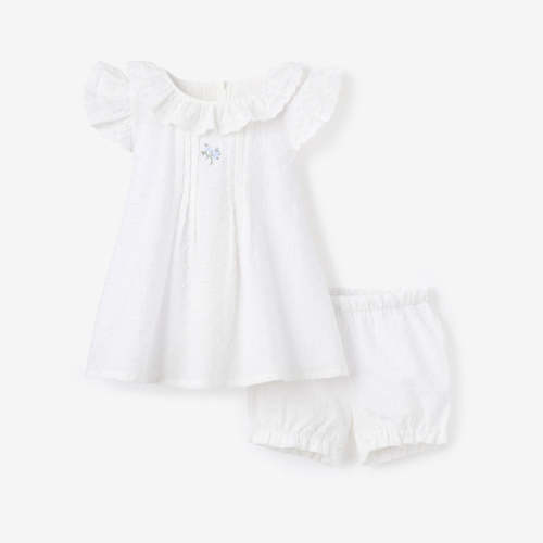 Swiss Dot Pintucked Dress w/ Rose Embroidery WHITE / 3-6M