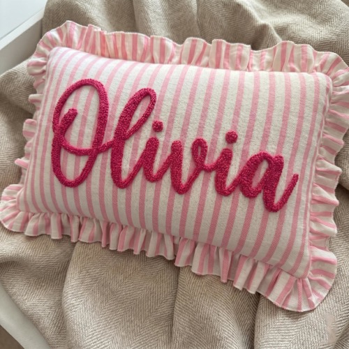 Pink Striped Ruffled Punch Needle Custom Name Pillow: Baby Cushion, Nursery Decor