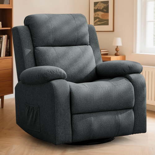 Korser Swivel Rocker Recliner Chair for Adults with Massage and Heat,Upholstered Manual Recliner with Side Pockets Glider Recliner for Living Room,Linen,Dark Grey