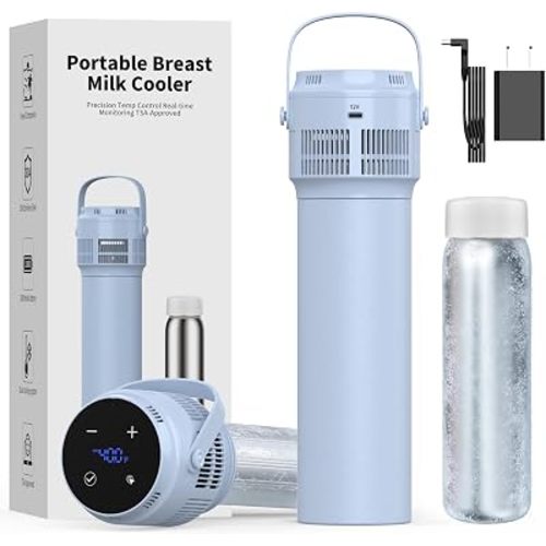 Electric Portable Breast Milk Cooler, Battery Operation Breastmilk Chiller with LED Display, Stainless Steel Baby Bottles for Work & Travel, Pass-Through Charging Cooling for 24 Hours(Blue)