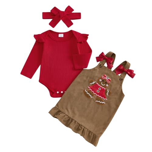 Newborn Baby Girl Christmas Outfit Long Sleeve Gingerbread Pattern Ruffle Romper Suspender Skirt Set with Headband