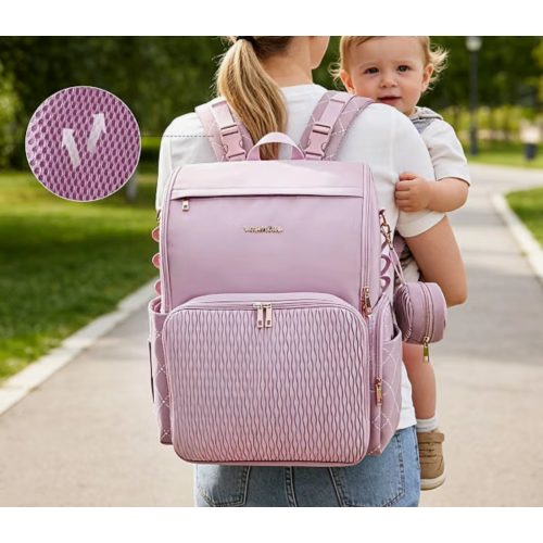 Stylish Baby Diaper Bag, Baby Bag with Changing Pad, Pacifier Case& Stroller Straps, Large Diaper Backpack Boy Girl, Water Resistant Travel Diaper Backpack(Lavender)