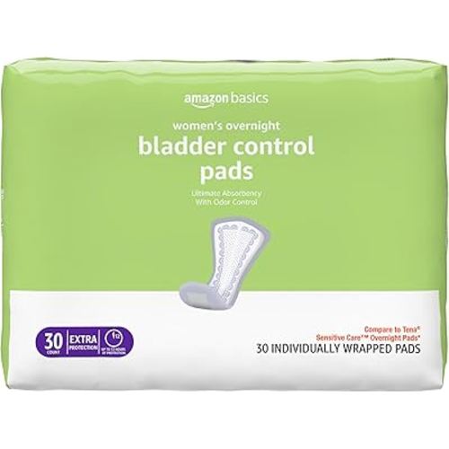 Amazon Basics Incontinence Pads for Women, Bladder Control, Postpartum, Overnight Absorbency, Unscented, 30 Count