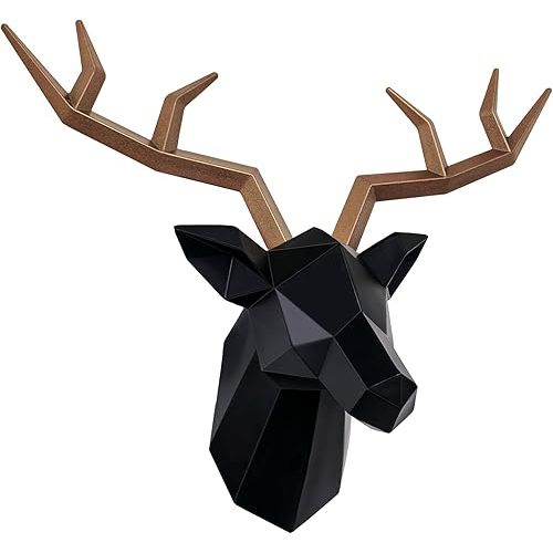 Keygift Geometrical Deer Head Wall Decor Black&Copper Faux Taxidermy Resin Animal Head Wall Mount Deer Antlers Wall Sculptures