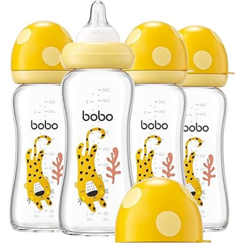 YOHKOH Natural Glass Baby Bottle with Natural Response Nipple, Newborn Anti-Colic Baby Bottles, Wide Neck Mushroom Cap Baby Bottle, Clear (8.8ounce (Pack of 4), Yellow2)