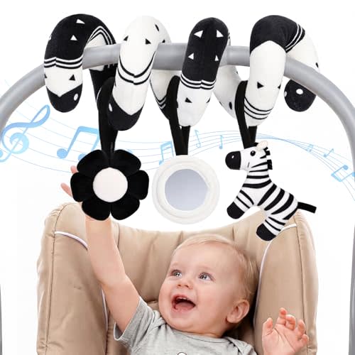 URMYWO Spiral Car Seat Toys for Babies 0-6 Months with Zebra Rattle | High Contrast Black and White Sensory Toys for Newborn, Infant Hanging Stroller with Squeaky & Mirror, Shower Gift Essentials
