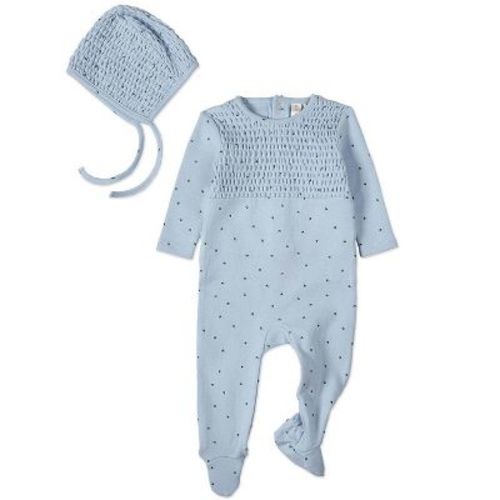 MiniMoi 2 Piece Baby Boys "Blueberries" 100% Cotton Smocked Footie Set Blue 6-M
