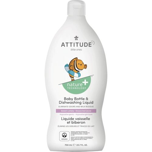 ATTITUDE Baby Dish Soap and Bottle Cleaner, Made in Canada, EWG Verified Dishwashing Liquid, No Added Dyes or Fragrances, Tough on Milk Residue and Grease, Vegan, Sweet Lullaby, 700 mL