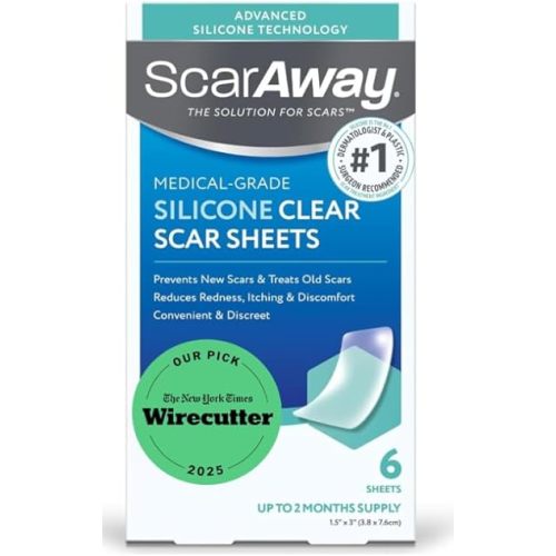 ScarAway Advanced Clear Silicone Scar Sheets, Medical Grade Silicone Strips (1.5" x 3") Scar Treatment and Prevention for Surgical, Burn, Body, Hypertrophic & Keloid Scar Treatment, 6 Clear Sheets