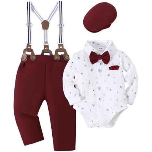 YALLET Baby Boy Outfits Suits Infant Formal Dress Clothes Gentleman Wedding Print Shirt+Beret Hat+Suspender Pants+Bowtie