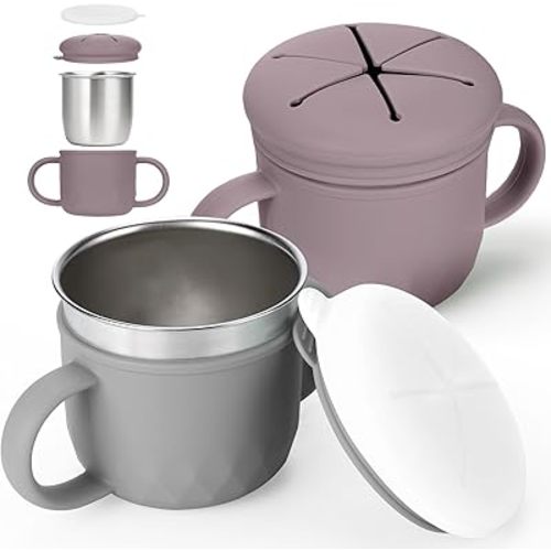 Mity rain 2-Pack Stainless Steel Snack Containers, 4-in-1 Spill proof Snack Cups With Silicone Lid and Handle, Dishwasher Safe Travel Snack Containers for Kids and Infants (Purple + Gray)