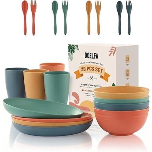 20PCS Wheat Straw Dinnerware Sets, DQELFA Reusable Kids Toddler Plates and Bowls Sets, Unbreakable Lightweight Kids Dish Set, Microwave and Dishwasher Safe