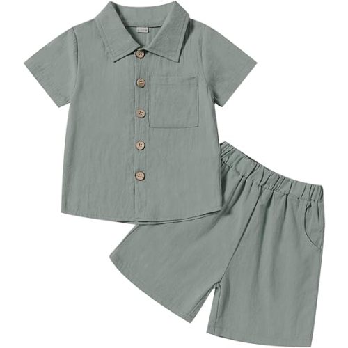 Neutocd Toddler Baby Boy Summer Clothes Cotton Linen Short Sleeve Solid Button Down Shirt Shorts Set Outfits with Pockets