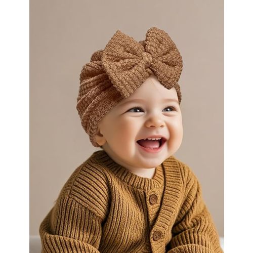 3 Pack Velvet Baby Turban Hats with Bow, Stretchy Baby Head Cover Beanies for Newborn, Toddler, Infant Head Wraps