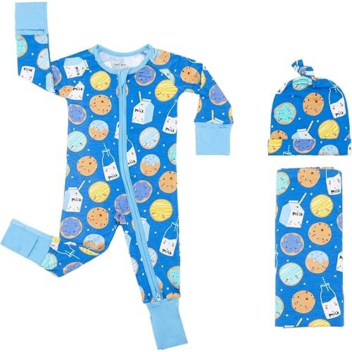 Little Sleepies Newborn Sleepy Time Bundle, Includes Swaddle + Hat Set and 2-Way Zipper Pajamas, Bamboo Derived Rayon, Blue Milk and Cookies, Newborn