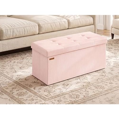 SONGMICS Mazie Collection - Storage Ottoman Bench, Foldable Foot Rest, 15 x 30 x 15 Inches, End of Bed Bench, Storage Chest, Load 660 lb, Living Room, Bedroom, Entryway, Jelly Pink ULSF603R01