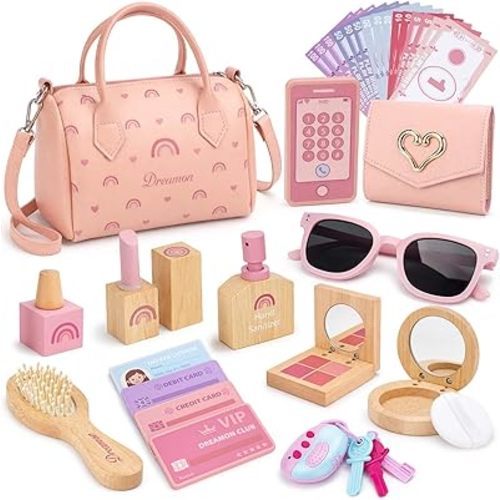 Dreamon Play Purse for Little Girls - 30PCS Toddler Purse with Wooden Pretend Makeup Kit, Handbag, Phone, Wallet, Keys - Princess Pretend Play Toys Birthday Gift for Girls Age 3 4 5 6 + Year Old