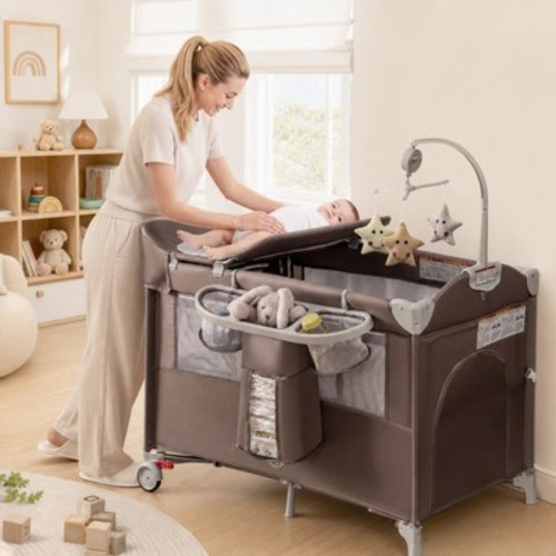 5-in-1 Pack and Play Playard with Bassinet and Diaper Changing Table, Portable Travel Crib, Brown