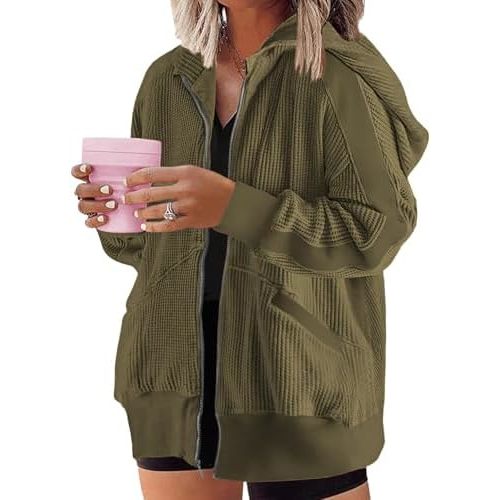 Womens Plus Size Hoodies Long Sleeve Zip Up Sweatshirt Waffle Knit Shacket Jacket Coat Outwear