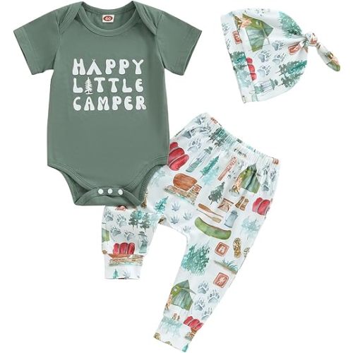 Omkzanbi Newborn Outfit Happy Little Camper Bodysuit Retro Woodland Camping Jogger Pants Hat Cute 3Pcs Coming Home Outfit