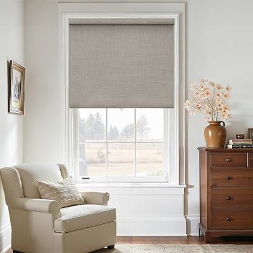 Blackout Roller Shades Cordless Blinds for Windows Free-Stop Thermal Insulated 100% Black Out Linen Roller Shades Blinds with Valance for Bedroom Living Dining Room Home Office Taupe 34" W x 72" H