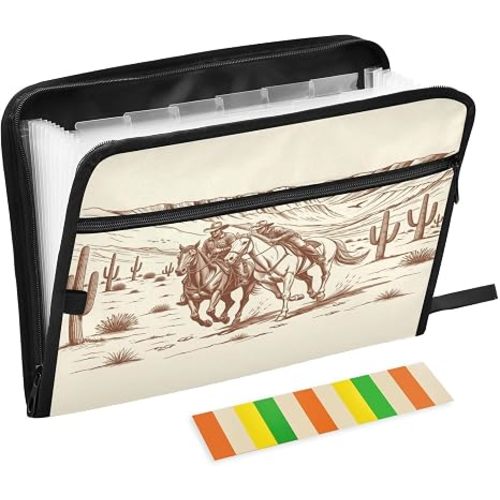 Kcldeci Expanding File Folder 13 Pocket American Wild Western Desert Cowboy Accordion File Folder Document Organizer Expanding Zip File Folder with Zipper Closure Letter A4 Paper Document Accordion Fo