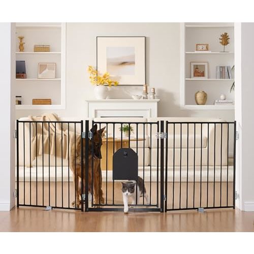 No Pawblems Dog Gate with Cat Door, Free Standing 30'' Tall Foldable Dog Fence for Indoor & Outdoor, Up to 78 Inch Extra Wide Puppy Gate for Stairs, Hallways, Doorways, Deck, Yard (Black, 3 Panels)