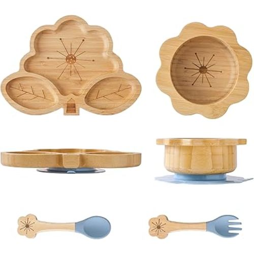 Bamboo Suction Plates Bowls Set for Baby Toddler - Includes Bamboo Bowl, Divided Plate, Silicone Fork & Spoon, All-Natural Baby Feeding Set for Baby-Led Weaning
