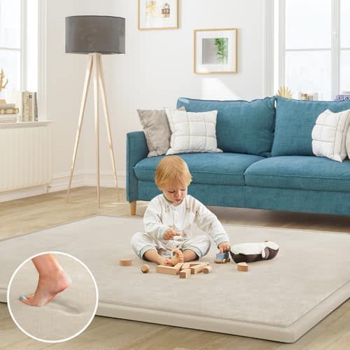 Baby Play Mat for Floor Nursery Rug Muscle Mat Area Rug Playroom Rug 47"x47" Playpen Mat Elastic Foam 1.3" Thick Crawling Mat for Babies,Toddlers, Infants, Kids,A Beige