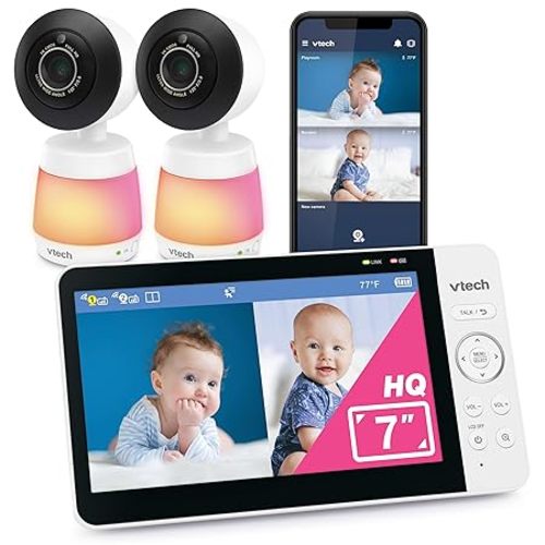 VTech Smart WiFi Baby Monitor with 2 Cameras - 1080p FHD Dual Room Split Screen, 7" IPS Display, Pan Tilt Zoom, Free App No Subscription, Motion Sound Temperature Alerts – Smart HQ Max Twin