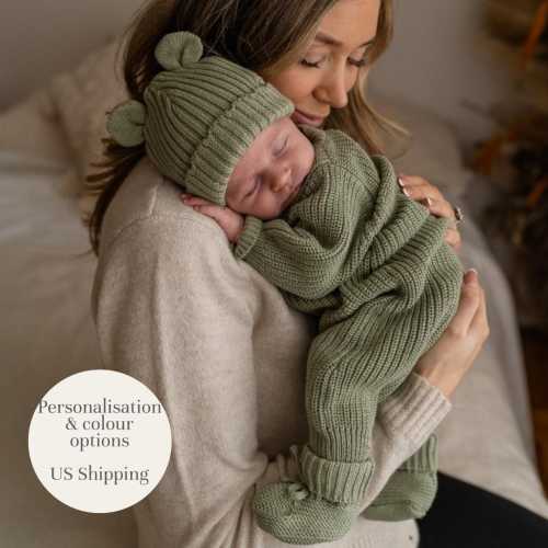 Beige 0-3 Months - Baby Knitted 3 Piece Set, Coming Home Outfit, Baby Gift, Baby Boy, Baby Girl, First baby Outfit, Baby Shower, Hospital Bag, USA