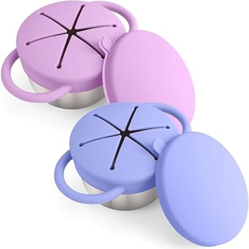 2-Pack Stainless Steel Snack Containers for Kids with Spill-Proof Silicone Lids & Handles - 3-in-1 Baby Snack Cups, No-Spill Toddler Snack Box, Perfect for On-the-Go Healthy Eating(Blue+Purple)