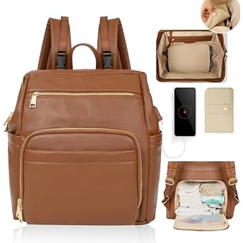 Diaper Bag Backpack Leather Large Baby Diaper Bag Essentials With 18 Organizing Pockets,6 Insulated Pockets,USB Charging Port,Stroller Straps,Changing Pad (Brown)