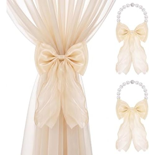 AULEEP Magnetic Bow Curtain Tiebacks, Pearl Curtain Ties Holdbacks, 2 Pack
