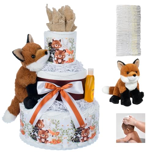 Lil' Baby Cakes Fox Diaper Cake - Adorable Fox-Themed Baby Boy Gift with Size 1 Diapers - Perfect for Baby Showers with Fox Plush Toy and Diaper Cake Supplies - 10 in X 12 in