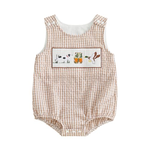PUHHAPIEY Baby Boy Summer Clothes Sleeveless Embroidery Fishing Gingham Romper Jumpsuit Retro Smocked Shortall