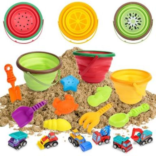 Collapsible Beach Toys Set for Kids, 2.5L Silicone Bucket with Sand Molds, Shovel & Rake