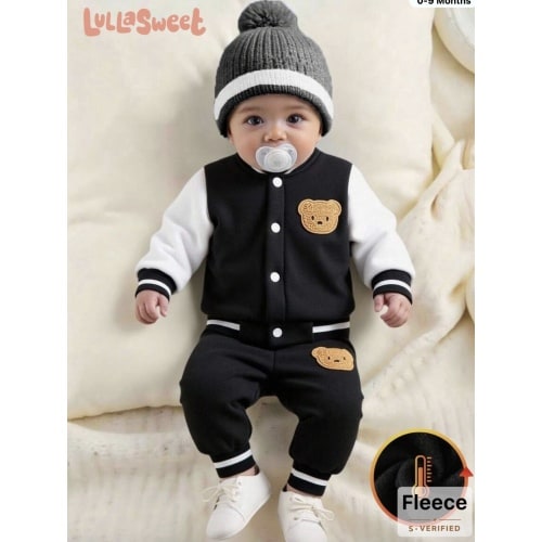 SHEIN Newborn Boy Baby Bear Pattern Jacket Two Pieces Suit