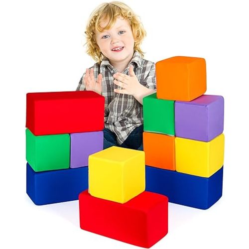 Toddler Foam Buliding Blocks - 12 Piece Fabric Covered in 2 Sizes Stacking Block Sets - Colourful Soft Play Set for Kids Idea for Building and Throwing Fun-Blue